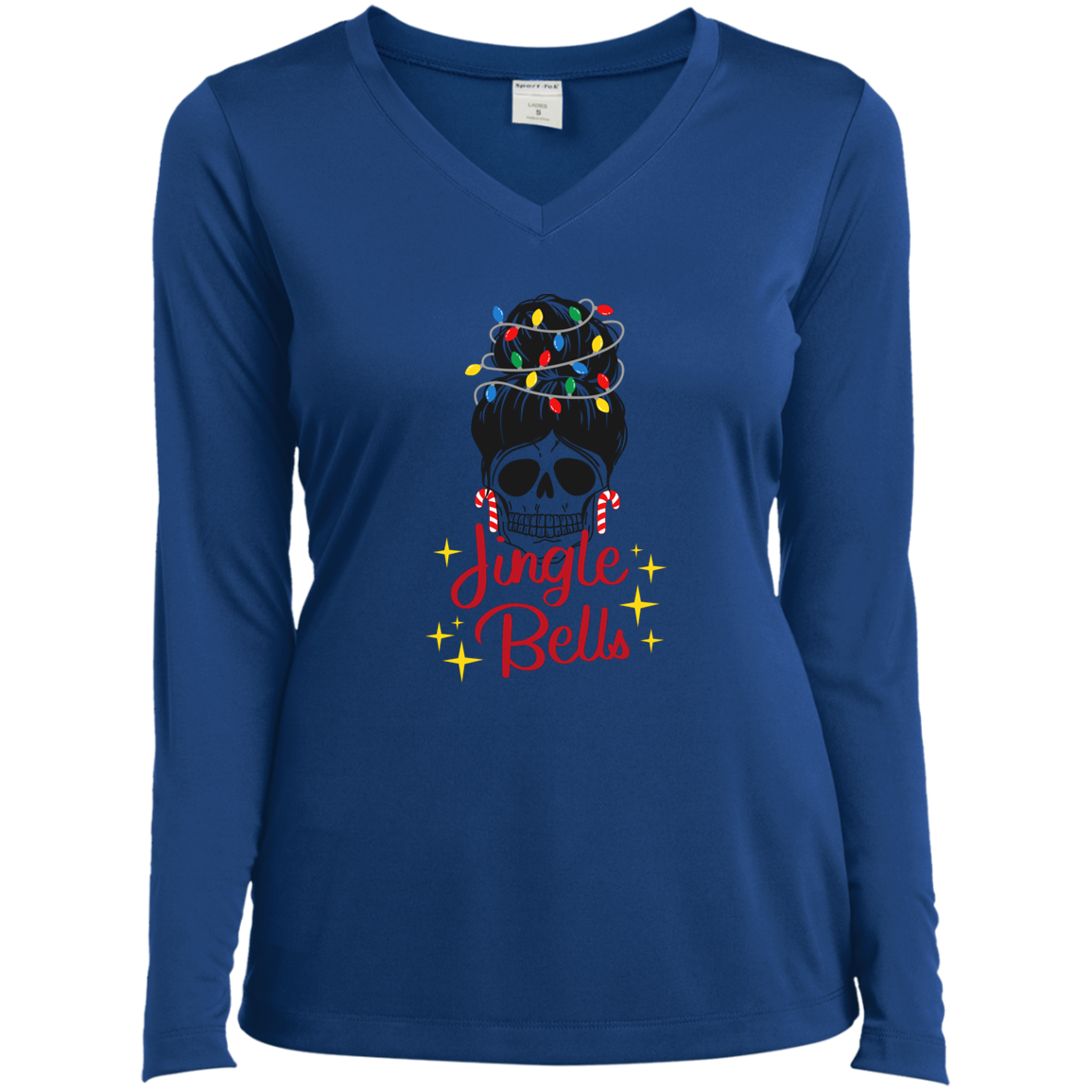 Jingle Bells Skull Ladies’ Long Sleeve Performance V-Neck Tee