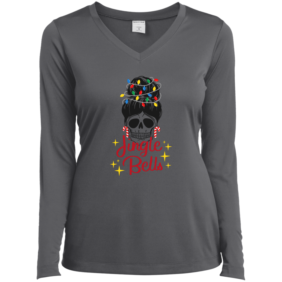 Jingle Bells Skull Ladies’ Long Sleeve Performance V-Neck Tee