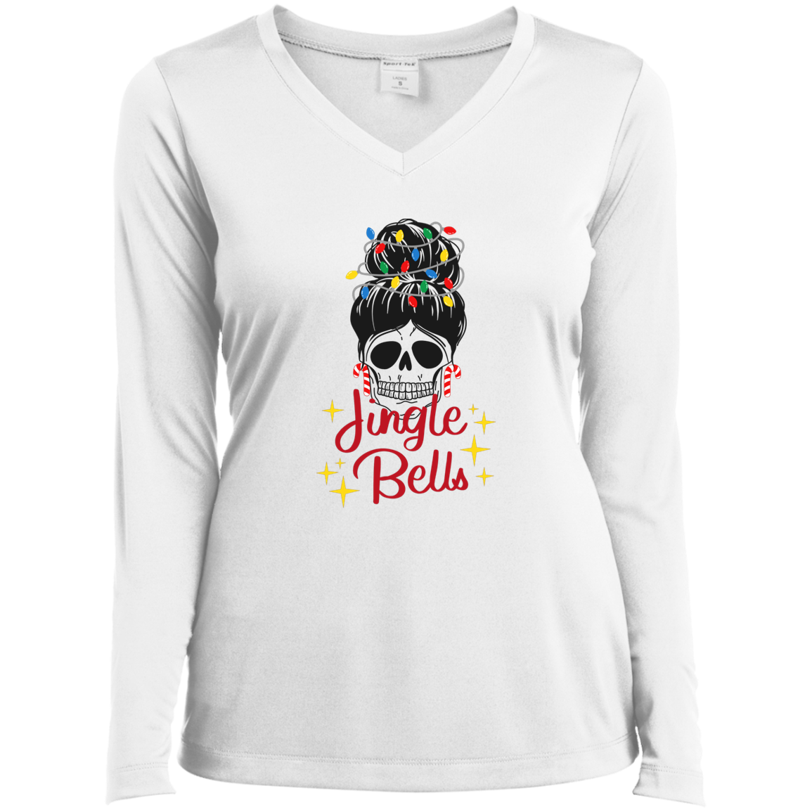 Jingle Bells Skull Ladies’ Long Sleeve Performance V-Neck Tee