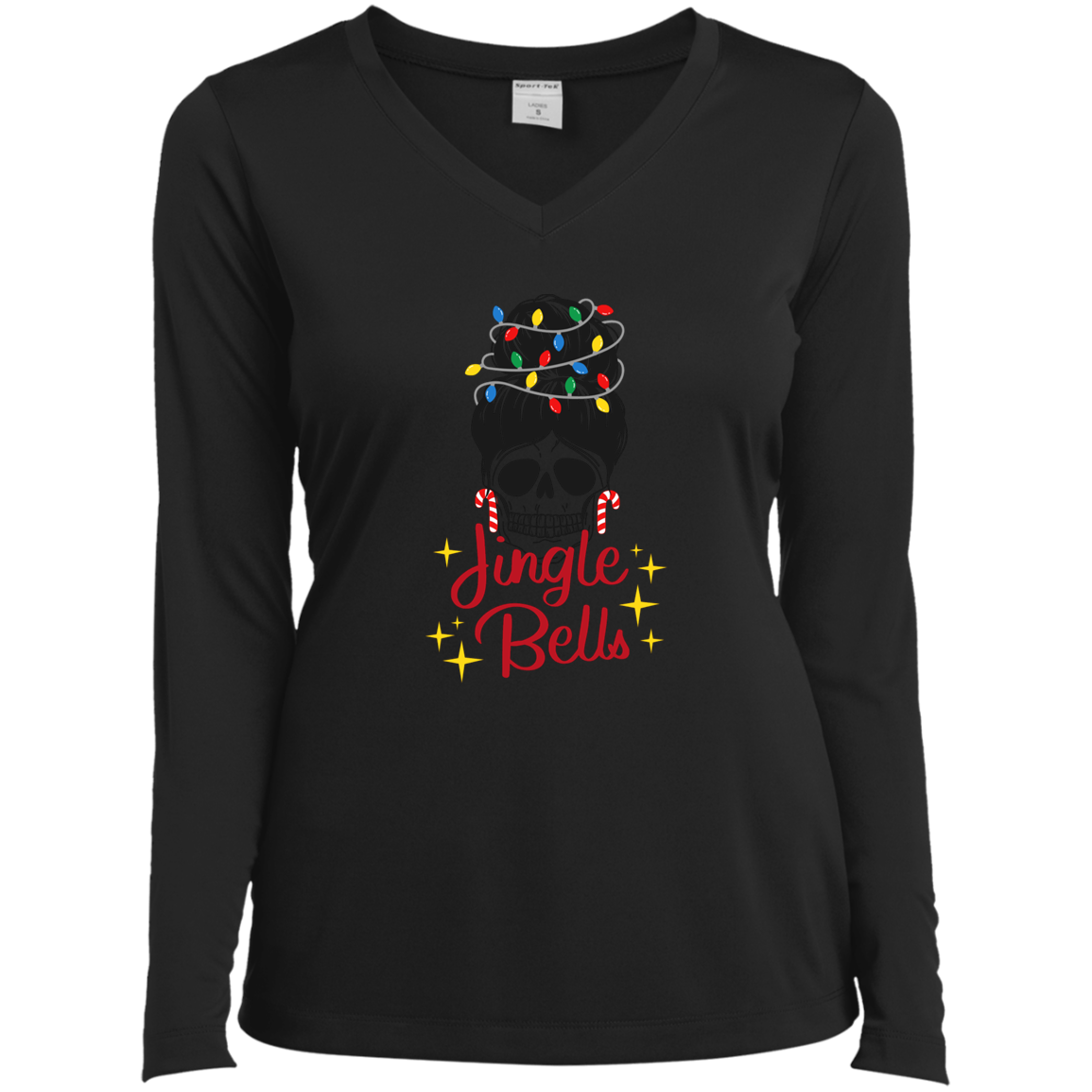 Jingle Bells Skull Ladies’ Long Sleeve Performance V-Neck Tee